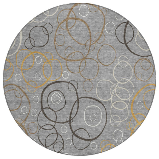 8' Gray Silver And Black Round Geometric Washable Indoor Outdoor Area Rug HomeRoots