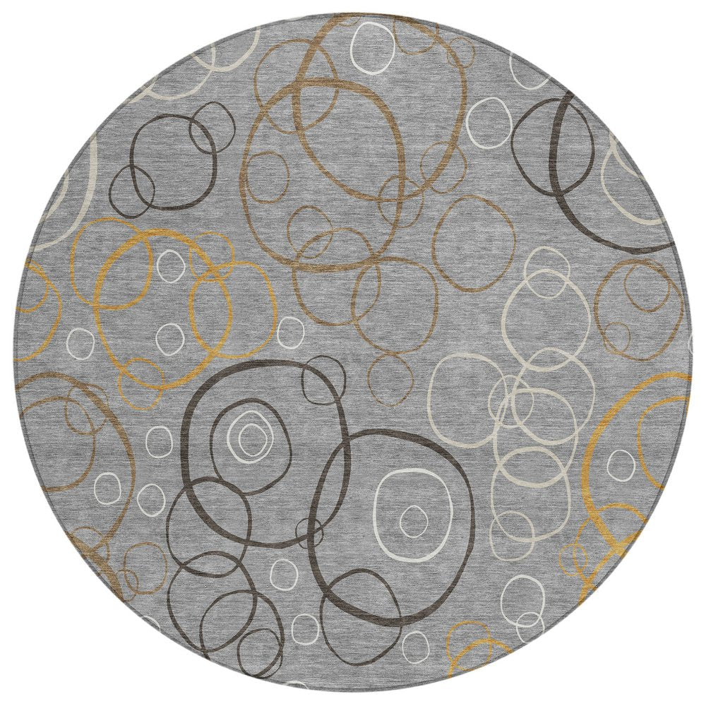 8' Gray Silver And Black Round Geometric Washable Indoor Outdoor Area Rug HomeRoots