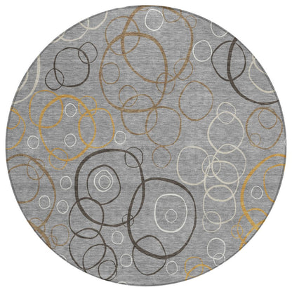 8' Gray Silver And Black Round Geometric Washable Indoor Outdoor Area Rug HomeRoots