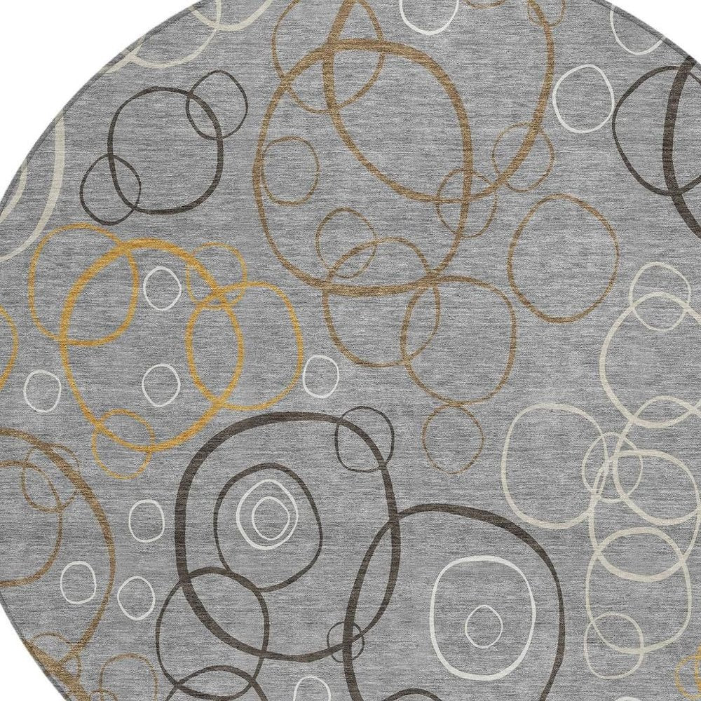 8' Gray Silver And Black Round Geometric Washable Indoor Outdoor Area Rug HomeRoots
