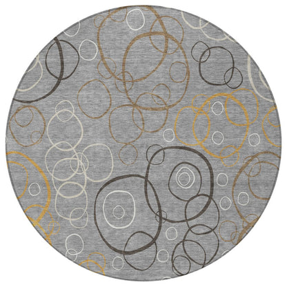 8' Gray Silver And Black Round Geometric Washable Indoor Outdoor Area Rug HomeRoots