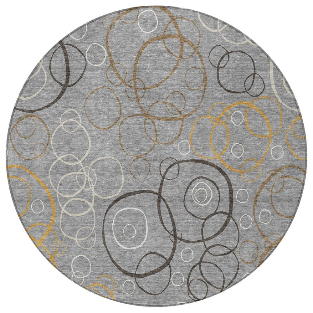 8' Gray Silver And Black Round Geometric Washable Indoor Outdoor Area Rug HomeRoots