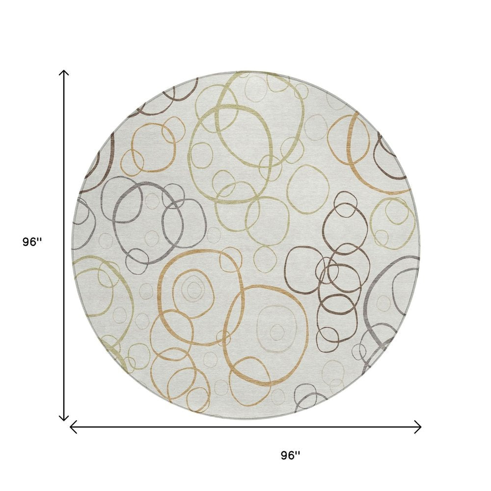 8' Ivory Gray And Walnut Round Geometric Washable Indoor Outdoor Area Rug HomeRoots