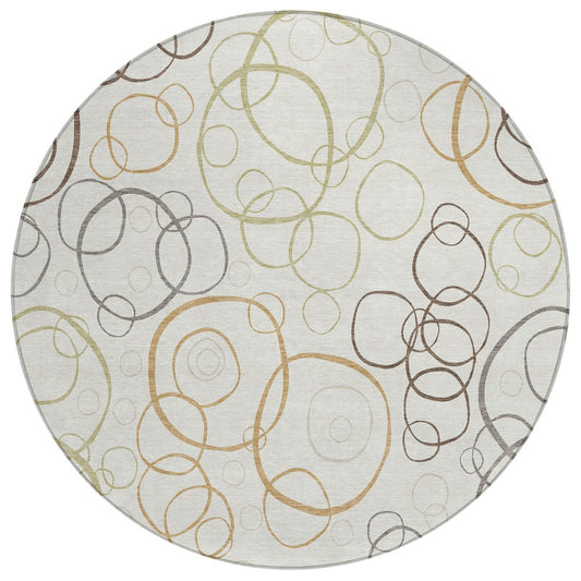 8' Ivory Gray And Walnut Round Geometric Washable Indoor Outdoor Area Rug HomeRoots