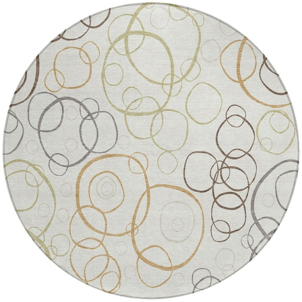8' Ivory Gray And Walnut Round Geometric Washable Indoor Outdoor Area Rug HomeRoots