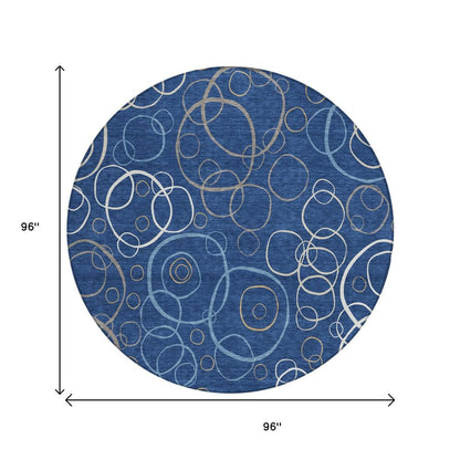 8' Navy Blue Ivory And Brown Round Geometric Washable Indoor Outdoor Area Rug HomeRoots