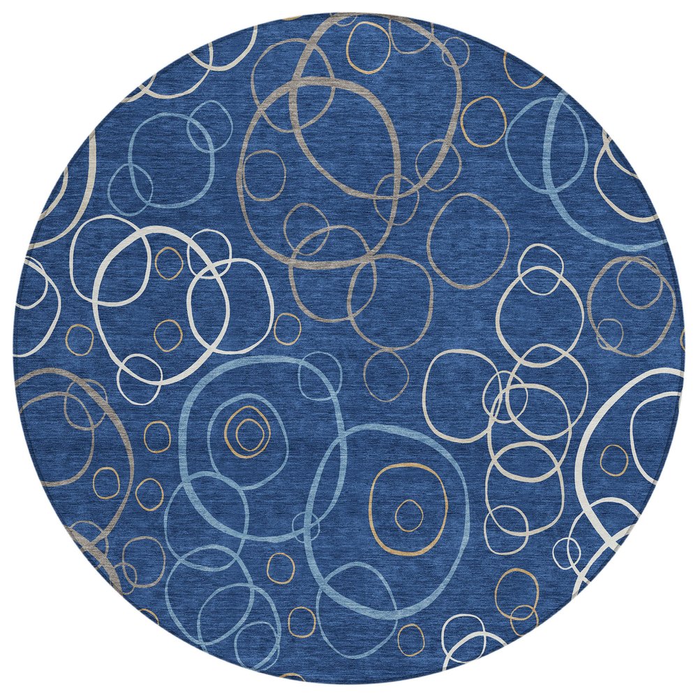 8' Navy Blue Ivory And Brown Round Geometric Washable Indoor Outdoor Area Rug HomeRoots