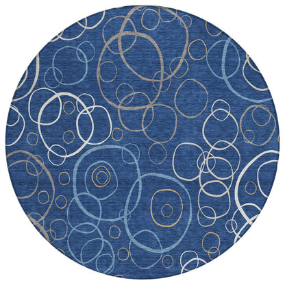 8' Navy Blue Ivory And Brown Round Geometric Washable Indoor Outdoor Area Rug HomeRoots