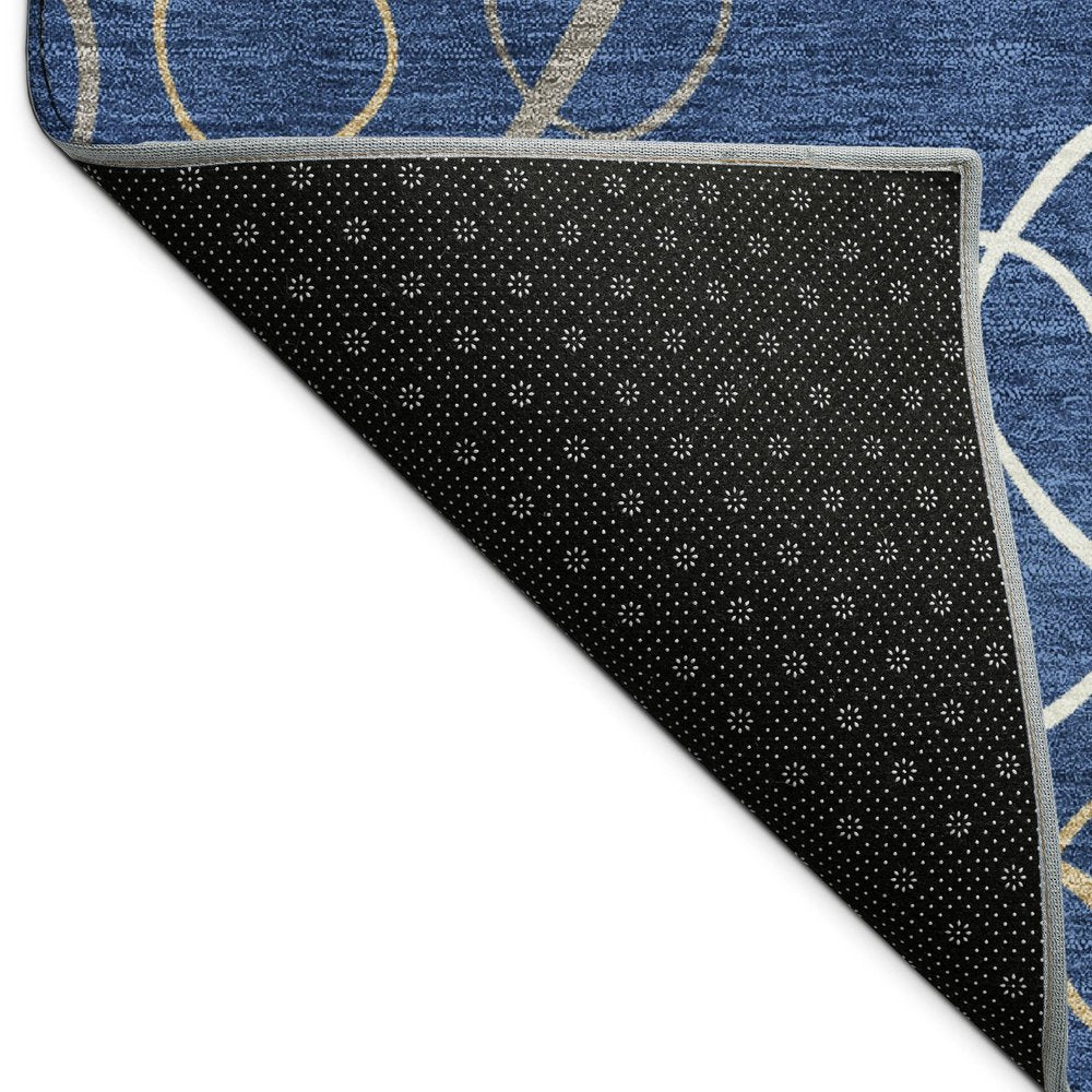 8' Navy Blue Ivory And Brown Round Geometric Washable Indoor Outdoor Area Rug HomeRoots