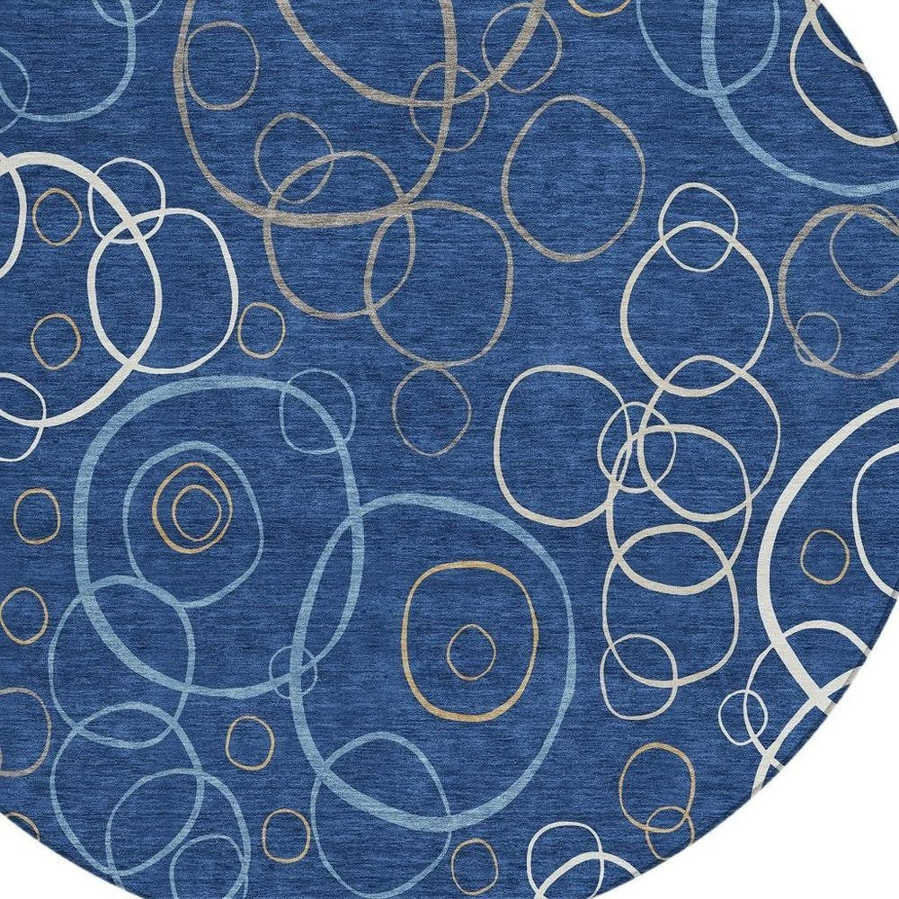 8' Navy Blue Ivory And Brown Round Geometric Washable Indoor Outdoor Area Rug HomeRoots