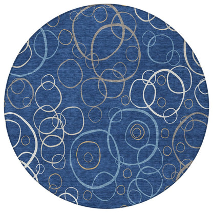 8' Navy Blue Ivory And Brown Round Geometric Washable Indoor Outdoor Area Rug HomeRoots