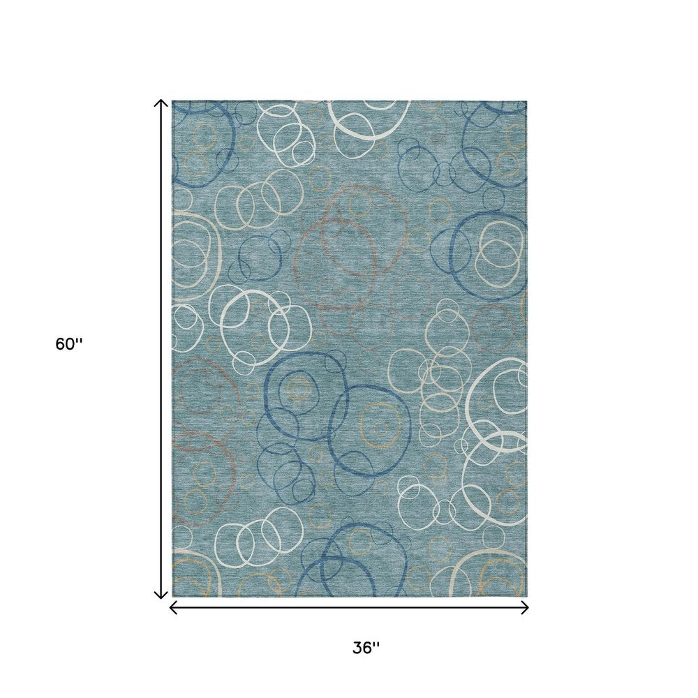 3' X 5' Teal Blue Beige And Ivory Geometric Washable Indoor Outdoor Area Rug HomeRoots