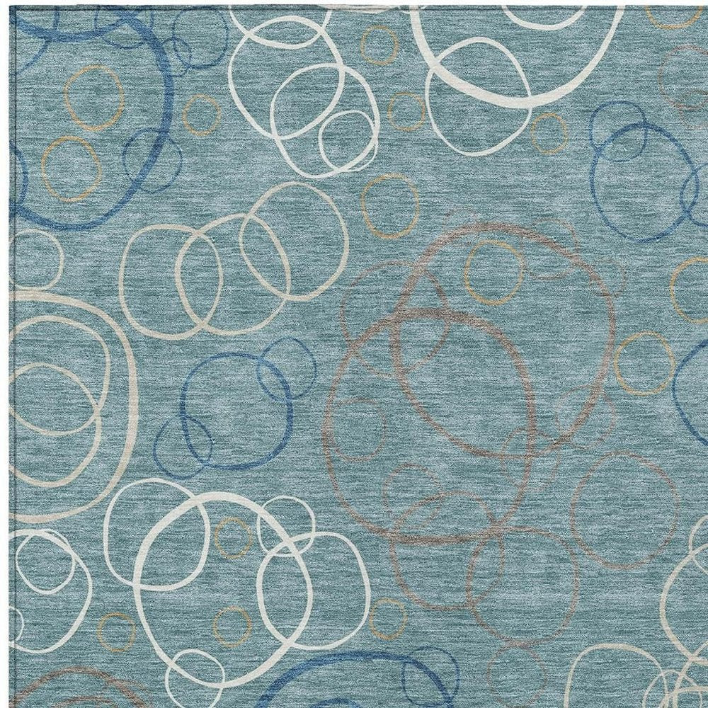 8' X 10' Teal Blue Beige And Ivory Geometric Washable Indoor Outdoor Area Rug HomeRoots