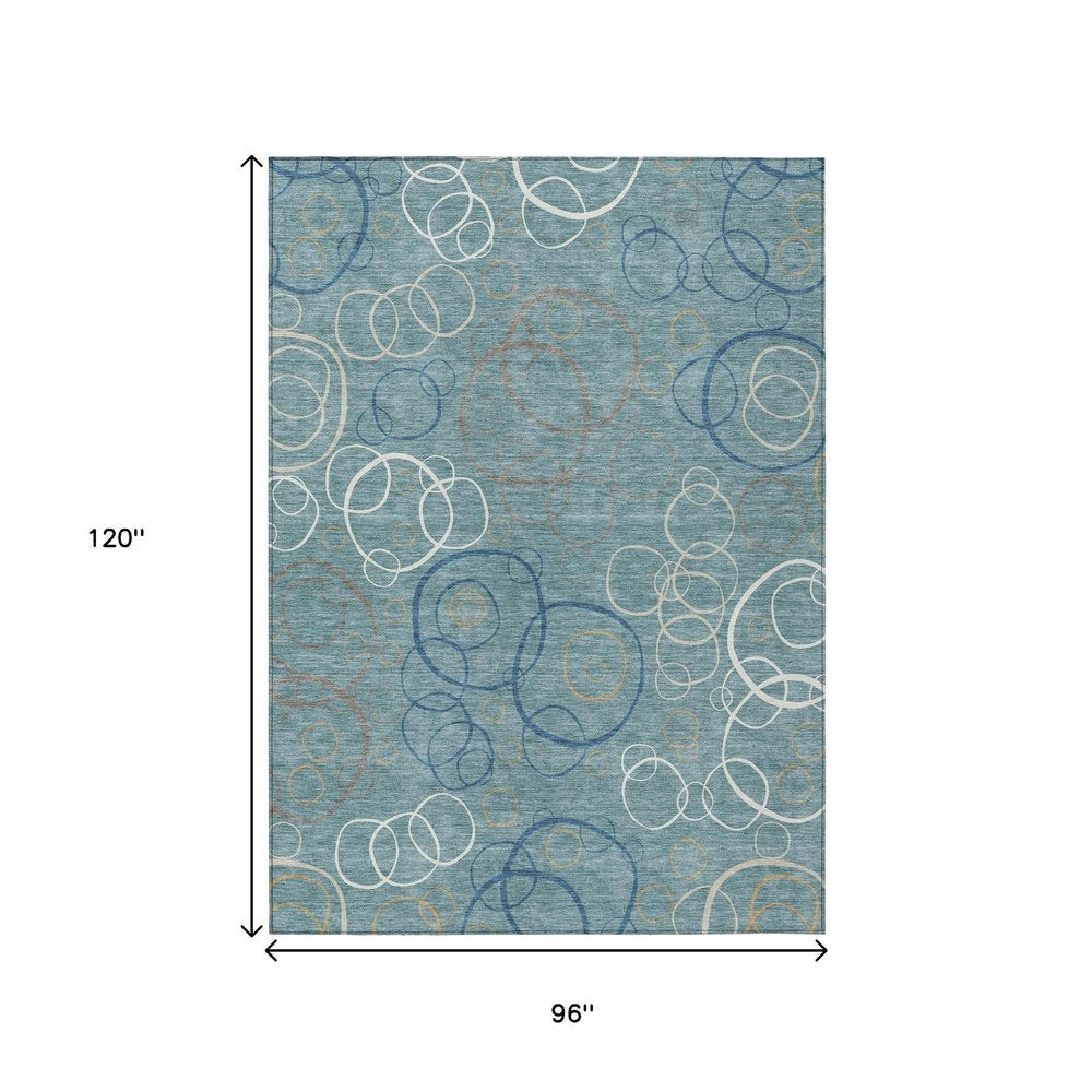 8' X 10' Teal Blue Beige And Ivory Geometric Washable Indoor Outdoor Area Rug HomeRoots