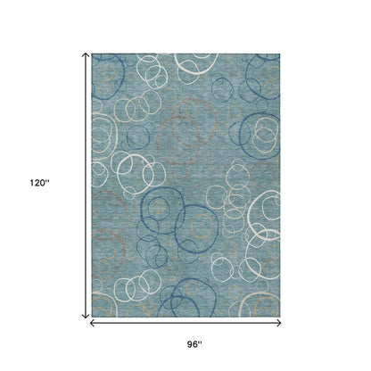 8' X 10' Teal Blue Beige And Ivory Geometric Washable Indoor Outdoor Area Rug HomeRoots