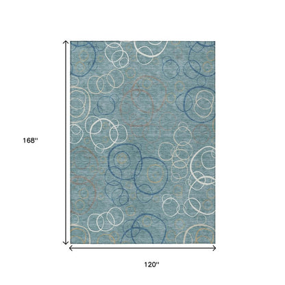 10' X 14' Teal Blue Beige And Ivory Geometric Washable Indoor Outdoor Area Rug HomeRoots