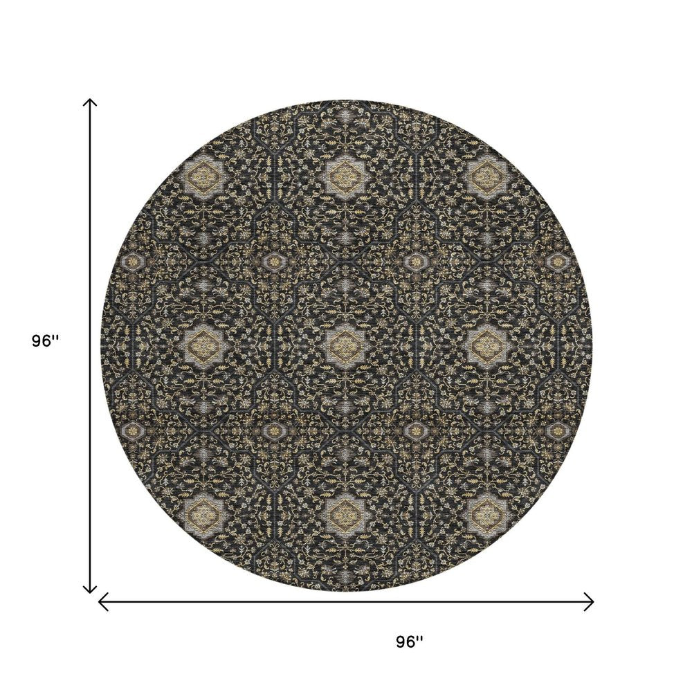 8' Black Brown And Gray Round Oriental Washable Indoor Outdoor Area Rug HomeRoots