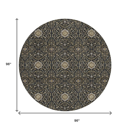 8' Black Brown And Gray Round Oriental Washable Indoor Outdoor Area Rug HomeRoots