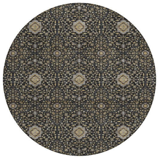 8' Black Brown And Gray Round Oriental Washable Indoor Outdoor Area Rug HomeRoots