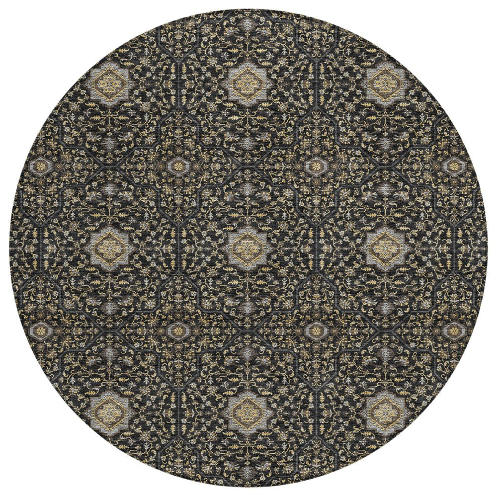 8' Black Brown And Gray Round Oriental Washable Indoor Outdoor Area Rug HomeRoots