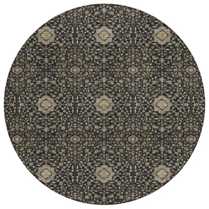 8' Black Brown And Gray Round Oriental Washable Indoor Outdoor Area Rug HomeRoots