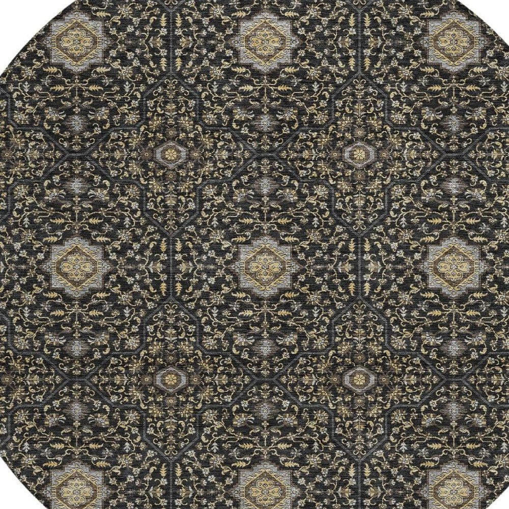 8' Black Brown And Gray Round Oriental Washable Indoor Outdoor Area Rug HomeRoots