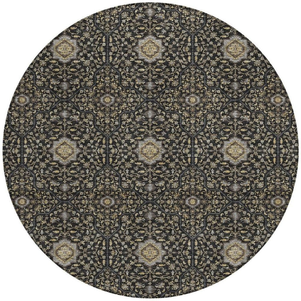 8' Black Brown And Gray Round Oriental Washable Indoor Outdoor Area Rug HomeRoots