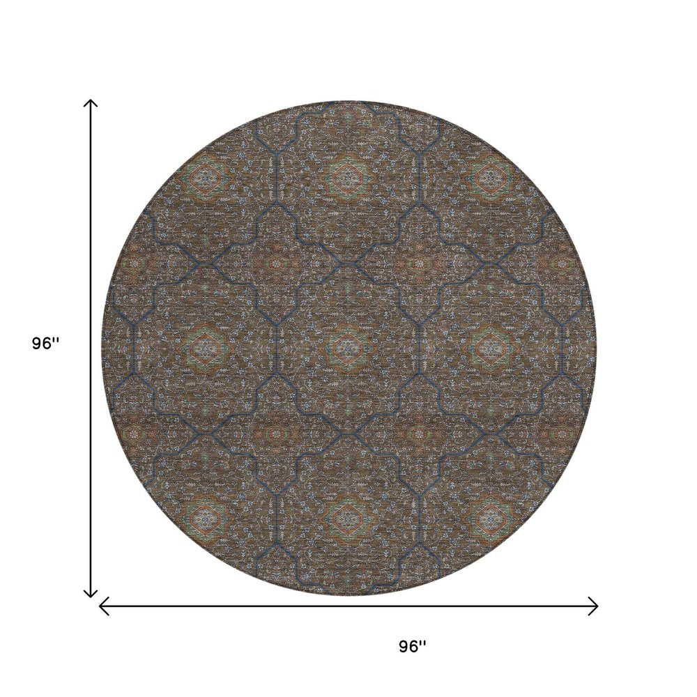 8' Chocolate Gray And Terra Cotta Round Oriental Washable Indoor Outdoor Area Rug HomeRoots