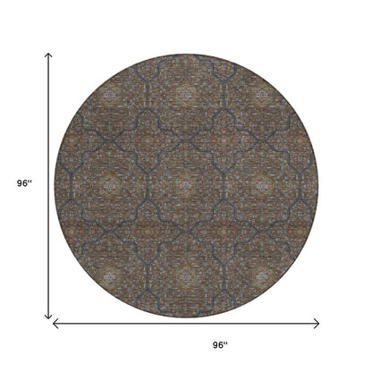 8' Chocolate Gray And Terra Cotta Round Oriental Washable Indoor Outdoor Area Rug HomeRoots