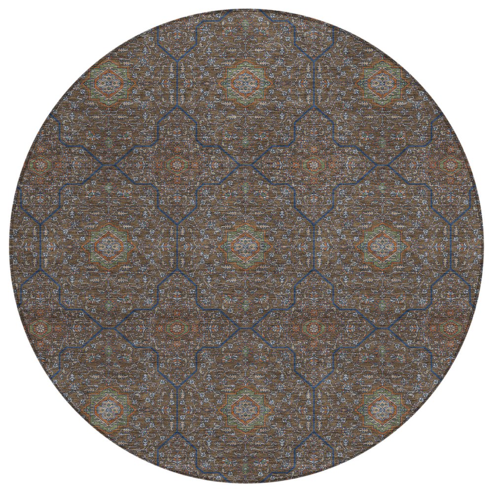 8' Chocolate Gray And Terra Cotta Round Oriental Washable Indoor Outdoor Area Rug HomeRoots