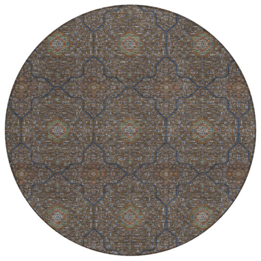 8' Chocolate Gray And Terra Cotta Round Oriental Washable Indoor Outdoor Area Rug HomeRoots