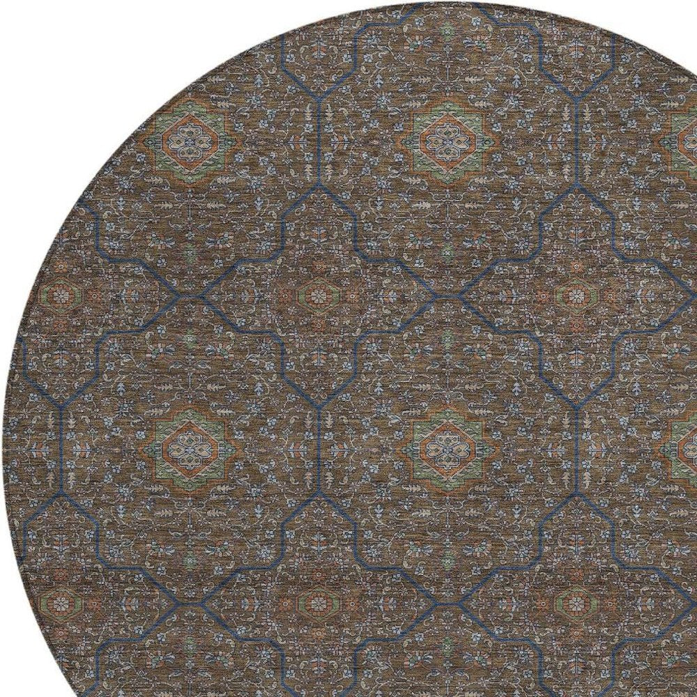 8' Chocolate Gray And Terra Cotta Round Oriental Washable Indoor Outdoor Area Rug HomeRoots