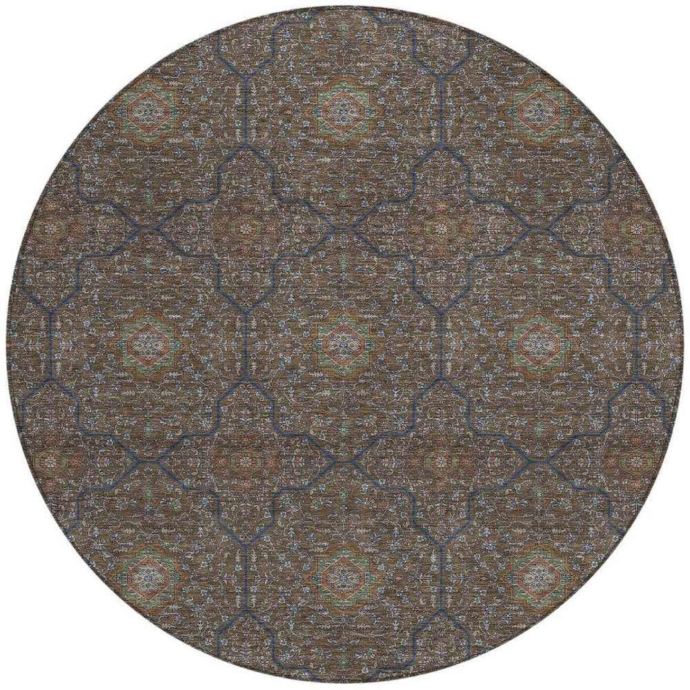 8' Chocolate Gray And Terra Cotta Round Oriental Washable Indoor Outdoor Area Rug HomeRoots