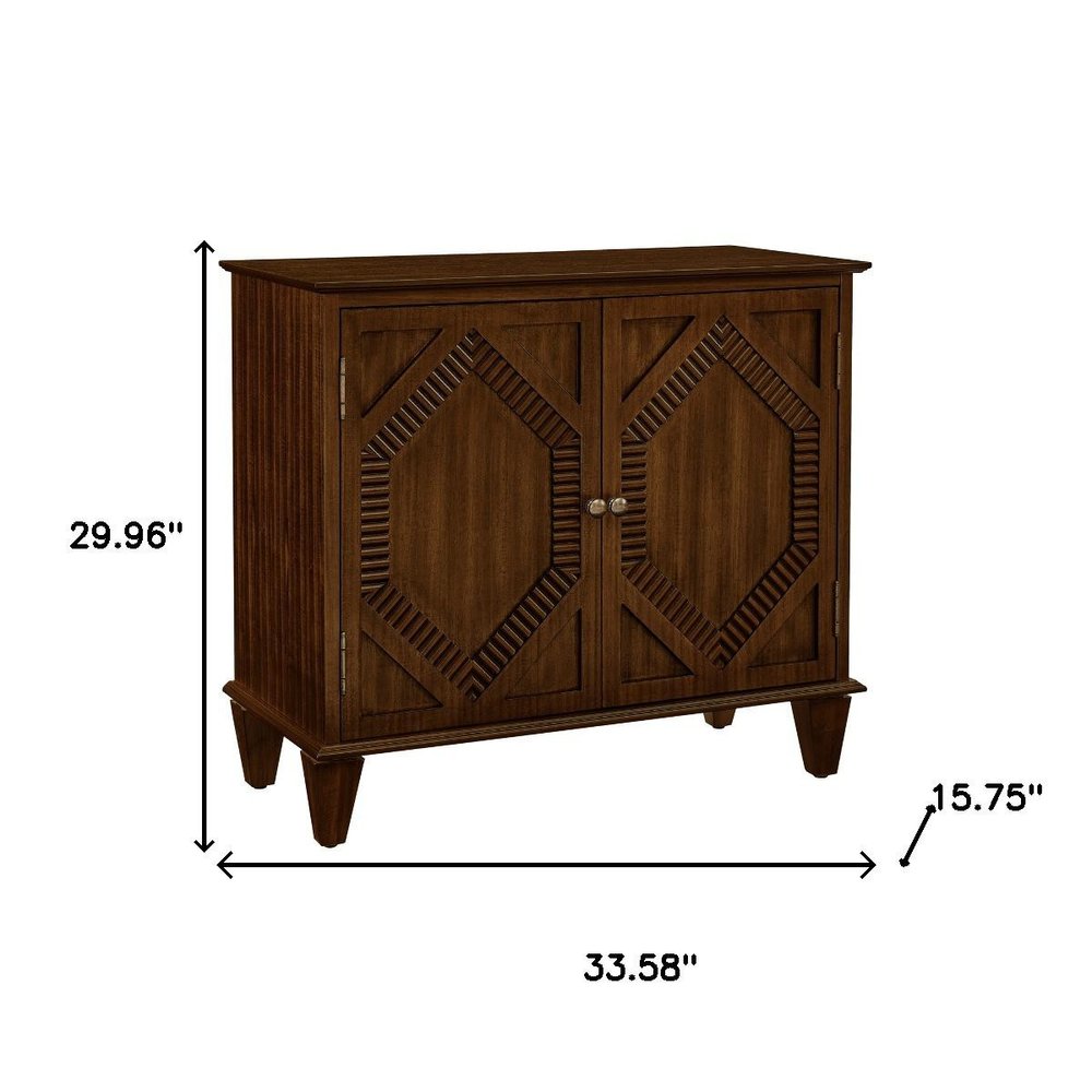 34" Brown Wood Carved Geometric Accent Cabinet With Two Doors HomeRoots