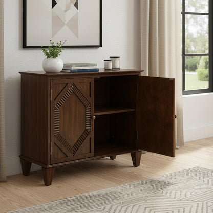34" Brown Wood Carved Geometric Accent Cabinet With Two Doors HomeRoots