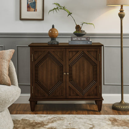 34" Brown Wood Carved Geometric Accent Cabinet With Two Doors HomeRoots