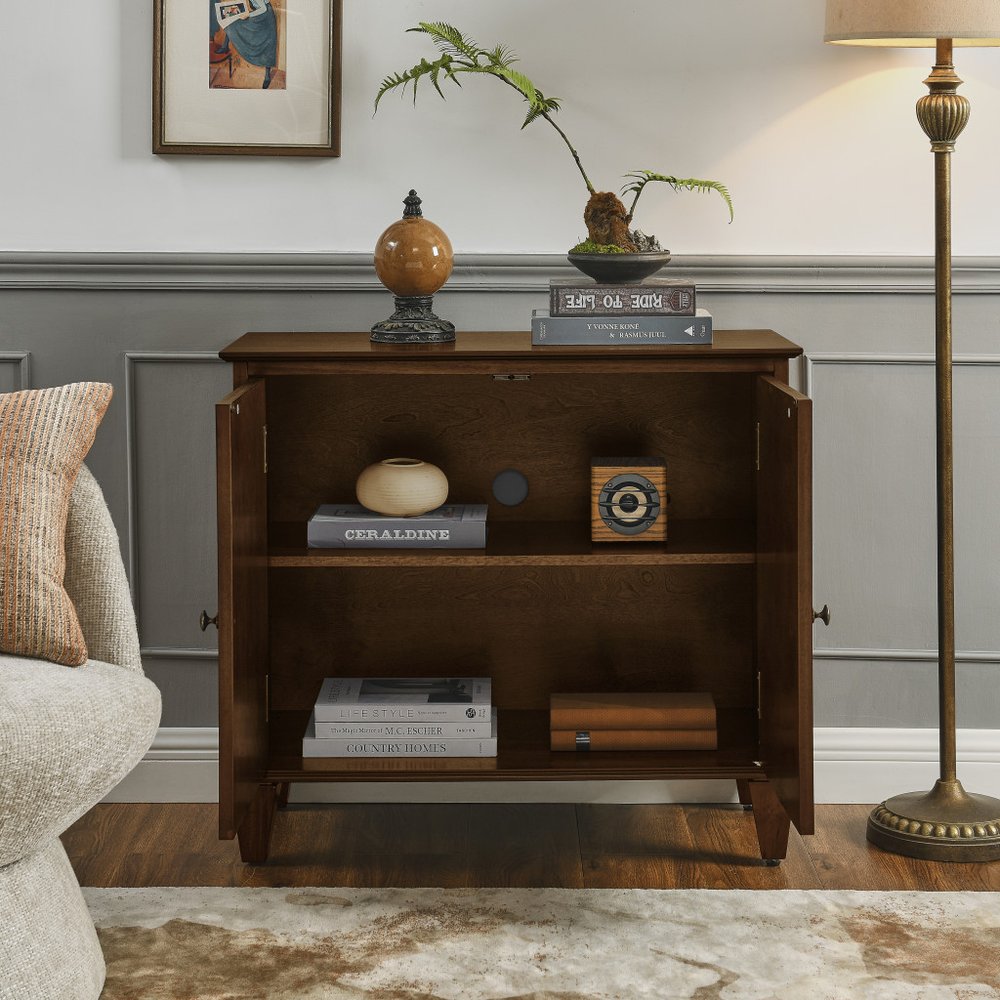 34" Brown Wood Carved Geometric Accent Cabinet With Two Doors HomeRoots