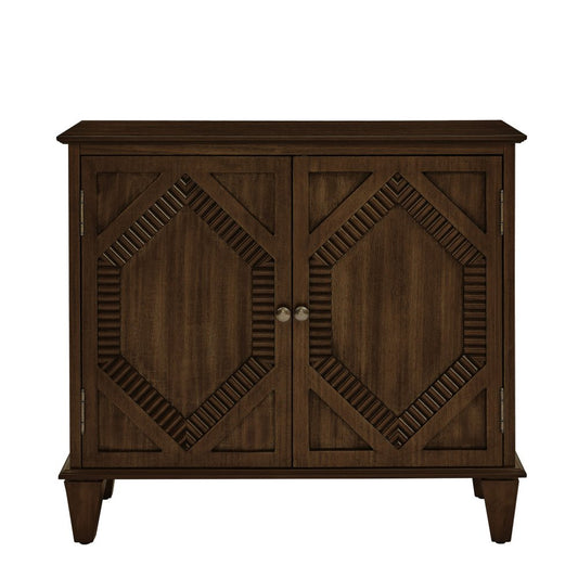 34" Brown Wood Carved Geometric Accent Cabinet With Two Doors