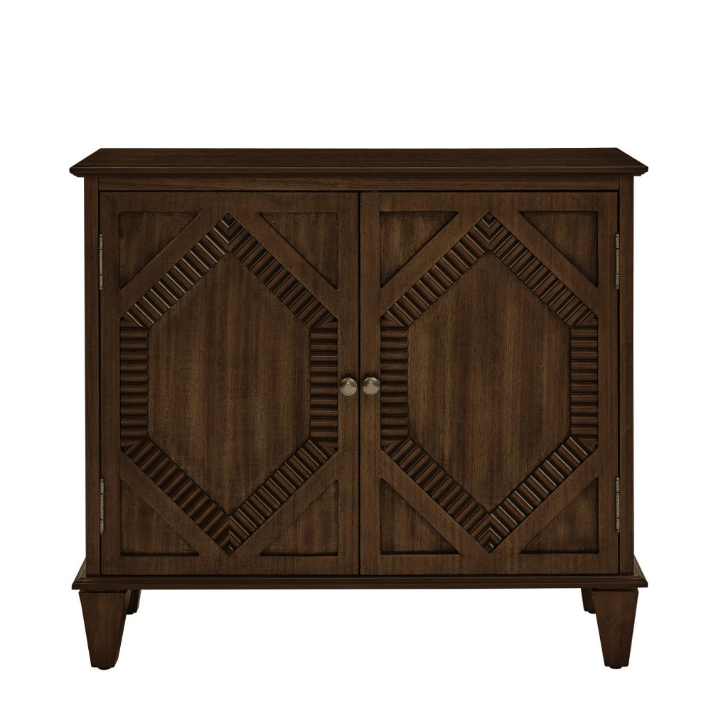 34" Brown Wood Carved Geometric Accent Cabinet With Two Doors HomeRoots
