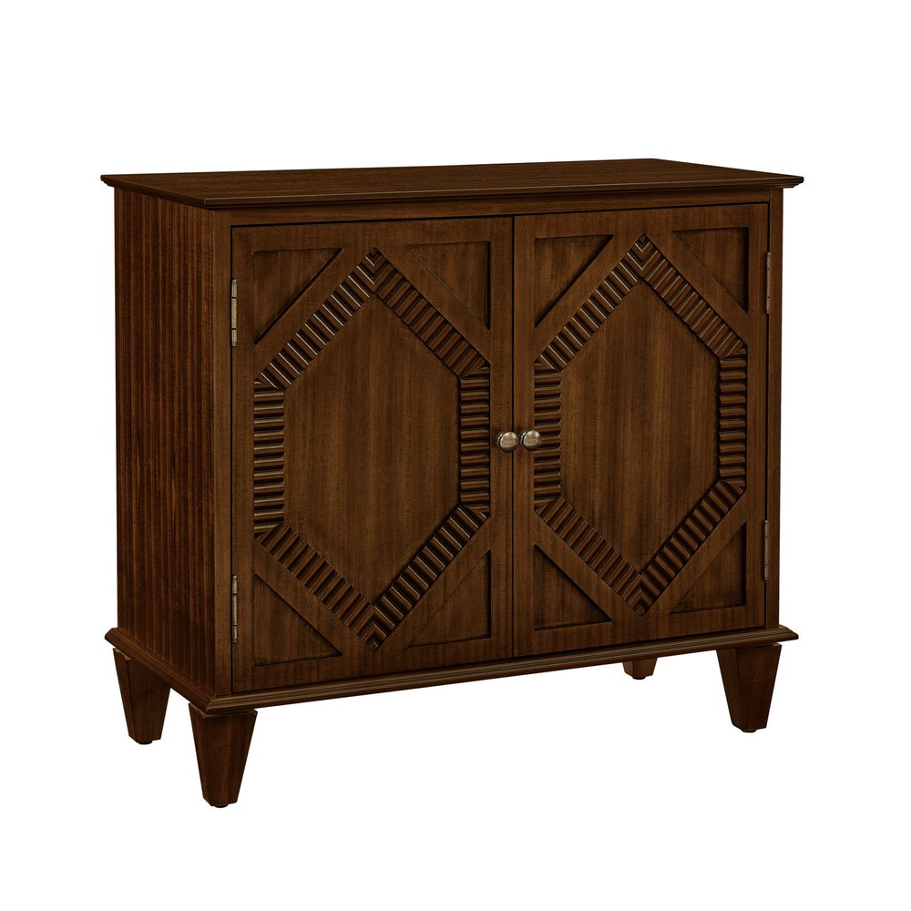 34" Brown Wood Carved Geometric Accent Cabinet With Two Doors HomeRoots