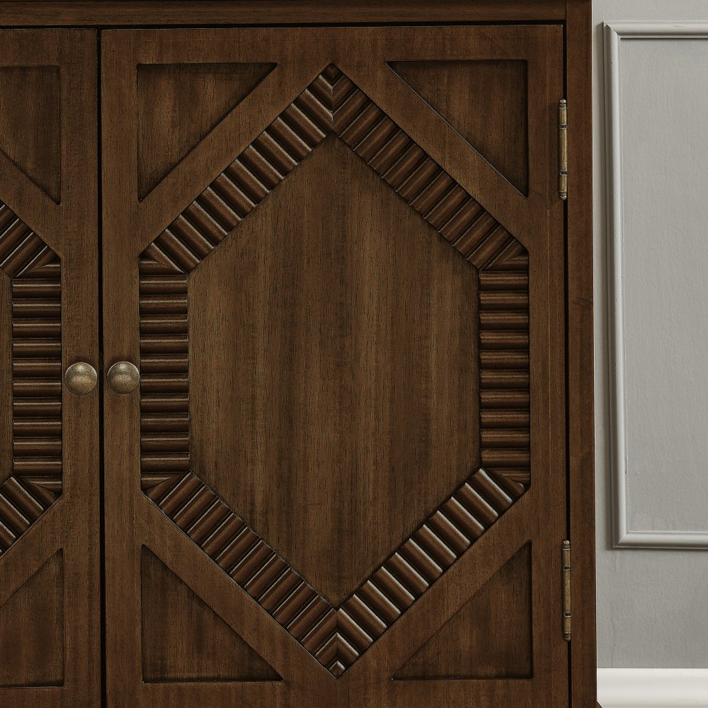 34" Brown Wood Carved Geometric Accent Cabinet With Two Doors HomeRoots