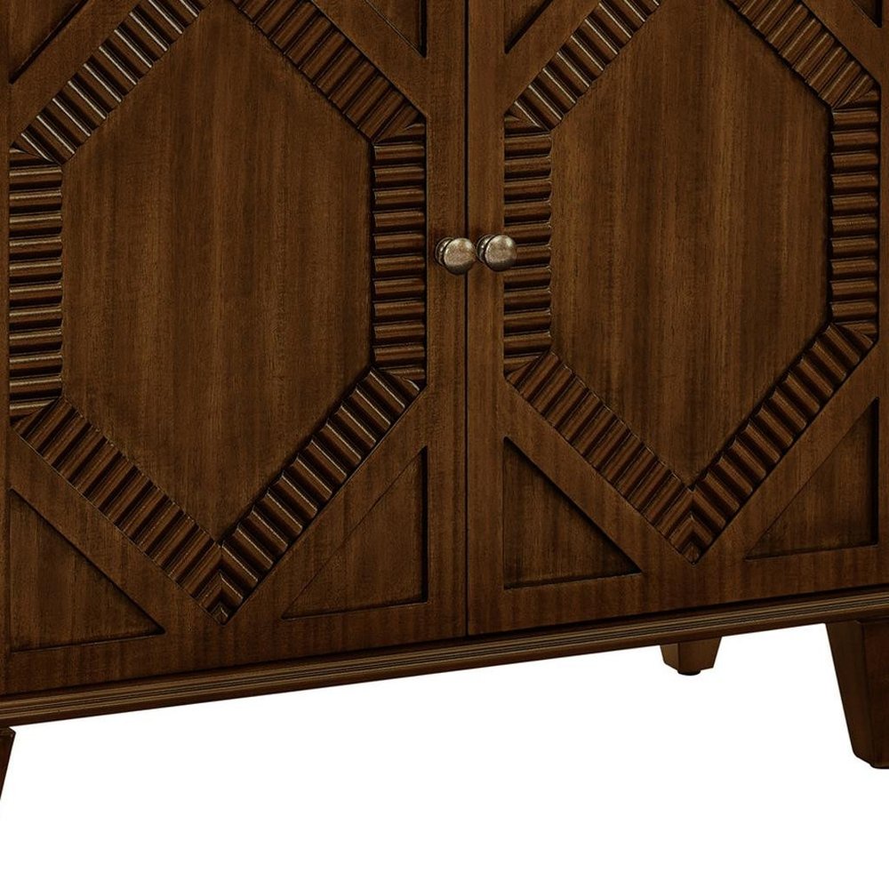 34" Brown Wood Carved Geometric Accent Cabinet With Two Doors HomeRoots