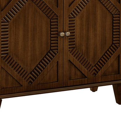 34" Brown Wood Carved Geometric Accent Cabinet With Two Doors HomeRoots
