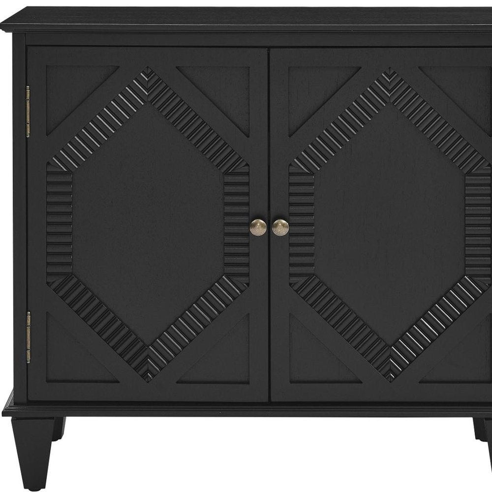 34" Black Wood Carved Geometric Accent Cabinet With Two Doors HomeRoots