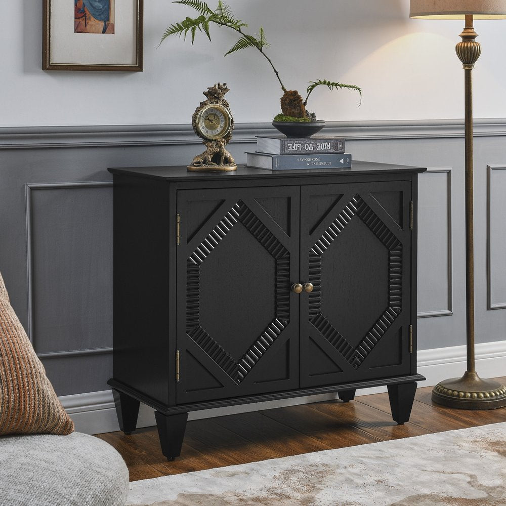 34" Black Wood Carved Geometric Accent Cabinet With Two Doors HomeRoots