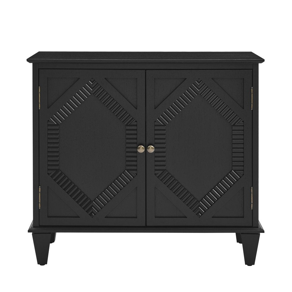 34" Black Wood Carved Geometric Accent Cabinet With Two Doors HomeRoots