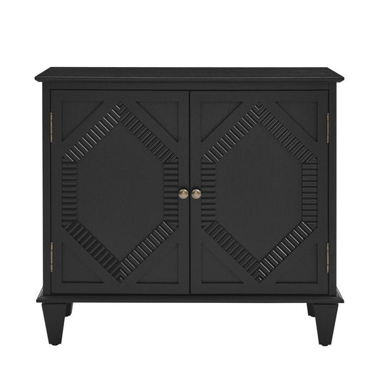 34" Black Wood Carved Geometric Accent Cabinet With Two Doors HomeRoots