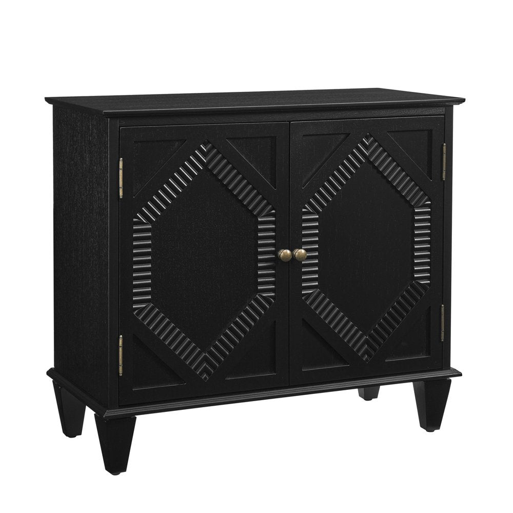 34" Black Wood Carved Geometric Accent Cabinet With Two Doors HomeRoots