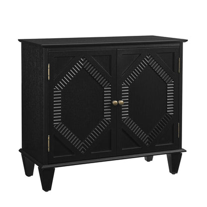 34" Black Wood Carved Geometric Accent Cabinet With Two Doors HomeRoots