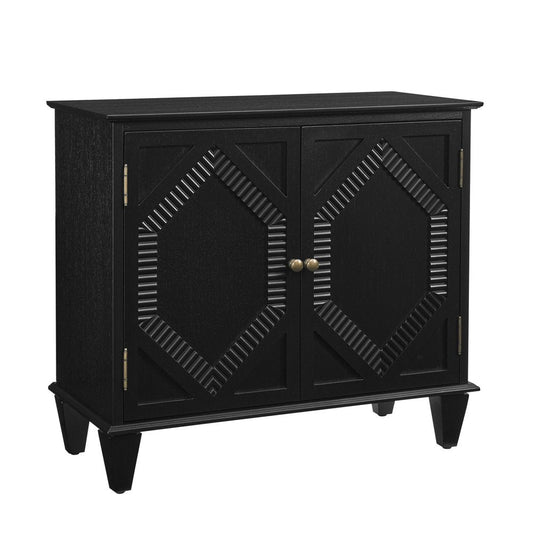 34" Black Wood Carved Geometric Accent Cabinet With Two Doors HomeRoots